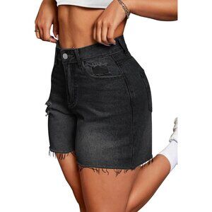 Denim Black High Waisted Stretchy Casual Denim Shorts Ripped Frayed Hem Summer